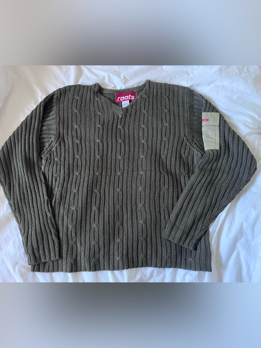 Vintage Roots Canada Y2K Olive Green Utility Cargo Cable Knit Sweater V-Neck M